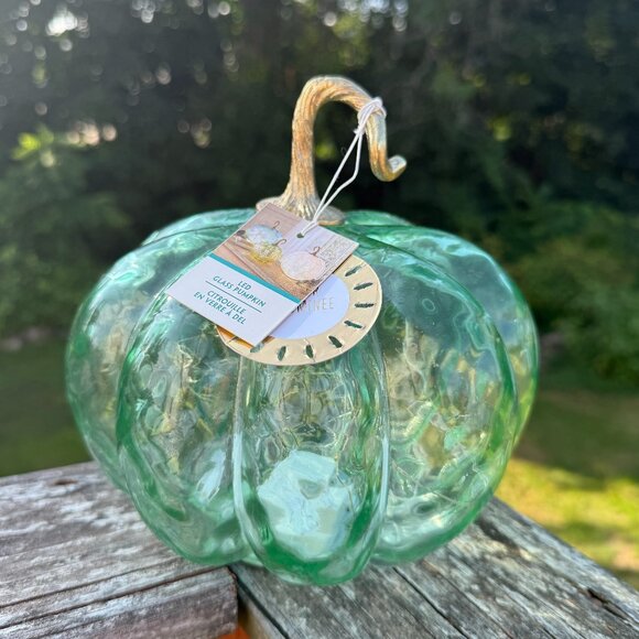 NEW Hand Blown Glass LED Pumpkin Seafoam Green Blue Semi-Transparent 7inch - Picture 1 of 5